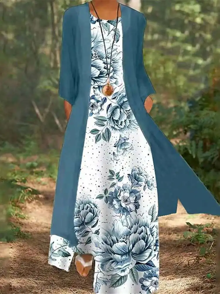 

2022 Print Two-Piece Sets Women Casual Long Sleeve Cardigans and Dress ZANZEA Elegant Matching Sets Spring Loose Dress Sets Robe