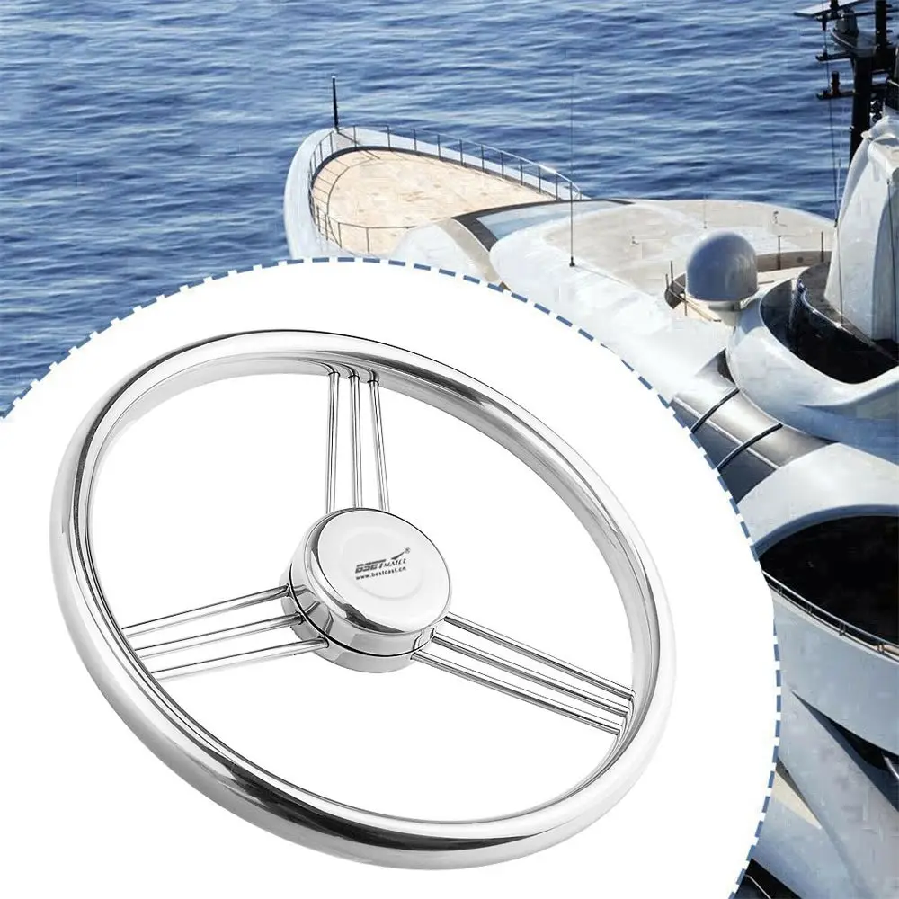 Accessories Retrofit Stainless Steel 342mm 3 Spokes Yacht Steering Wheel 15 Degree Marine