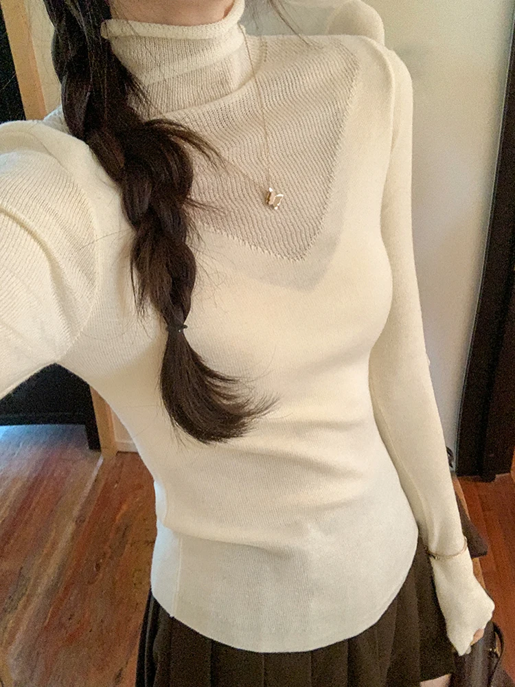 Pure Desire Sle Тюлевая лоскутная рубашка-водолазка женская осенняя новая корейская