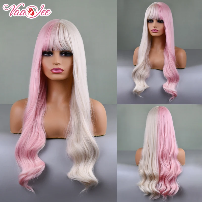 

Long Cosplay Wave Wig Pink and Ash Blonde Dual Color Synthetic Hair with Bangs Lolita Wigs Christmas Halloween Wig fro Women