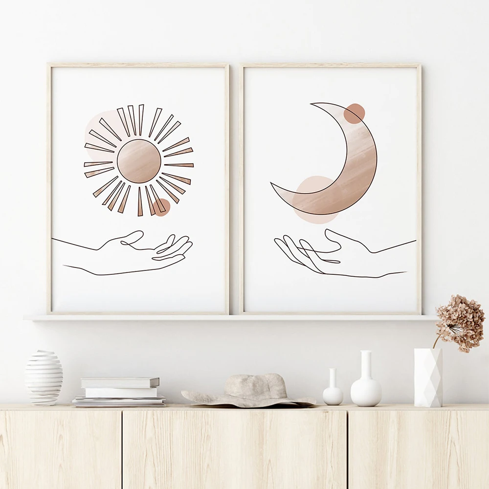 

Abstract Mystic Poster Minimalist Canvas Painting Boho Art Print Hand Sun Moon Scene Wall Picture For Living Room Home Decor