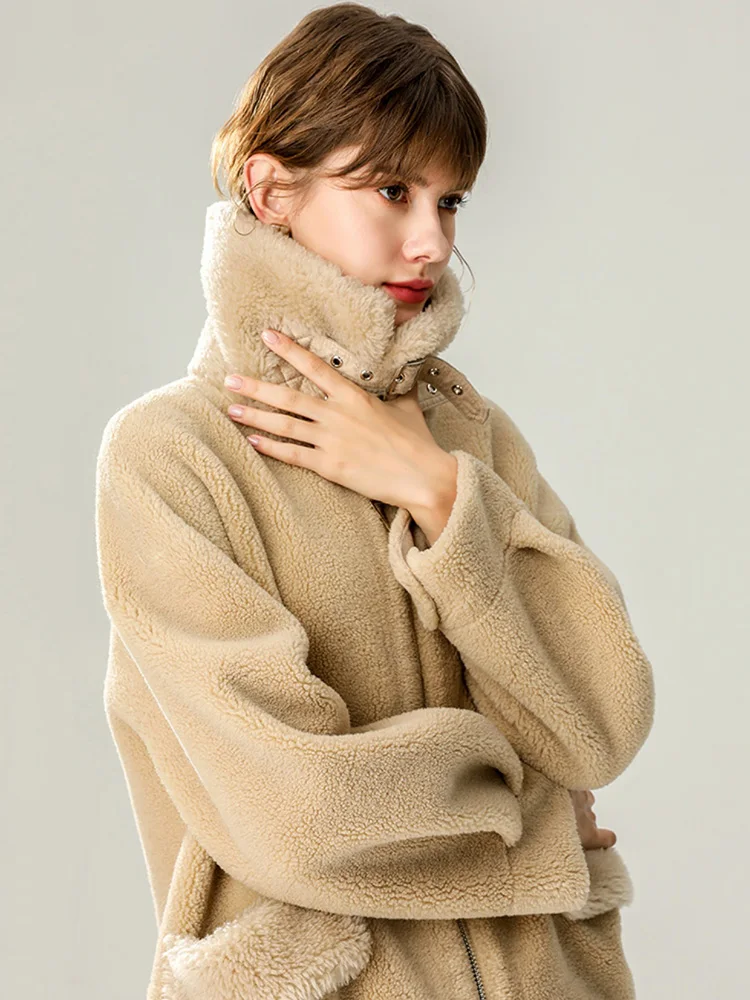 New Women Grained Australian Lamb Wool Coat Autumn Winter Casual Fashion Double-faced Fur Loose Sheep Shearling Jacket Female