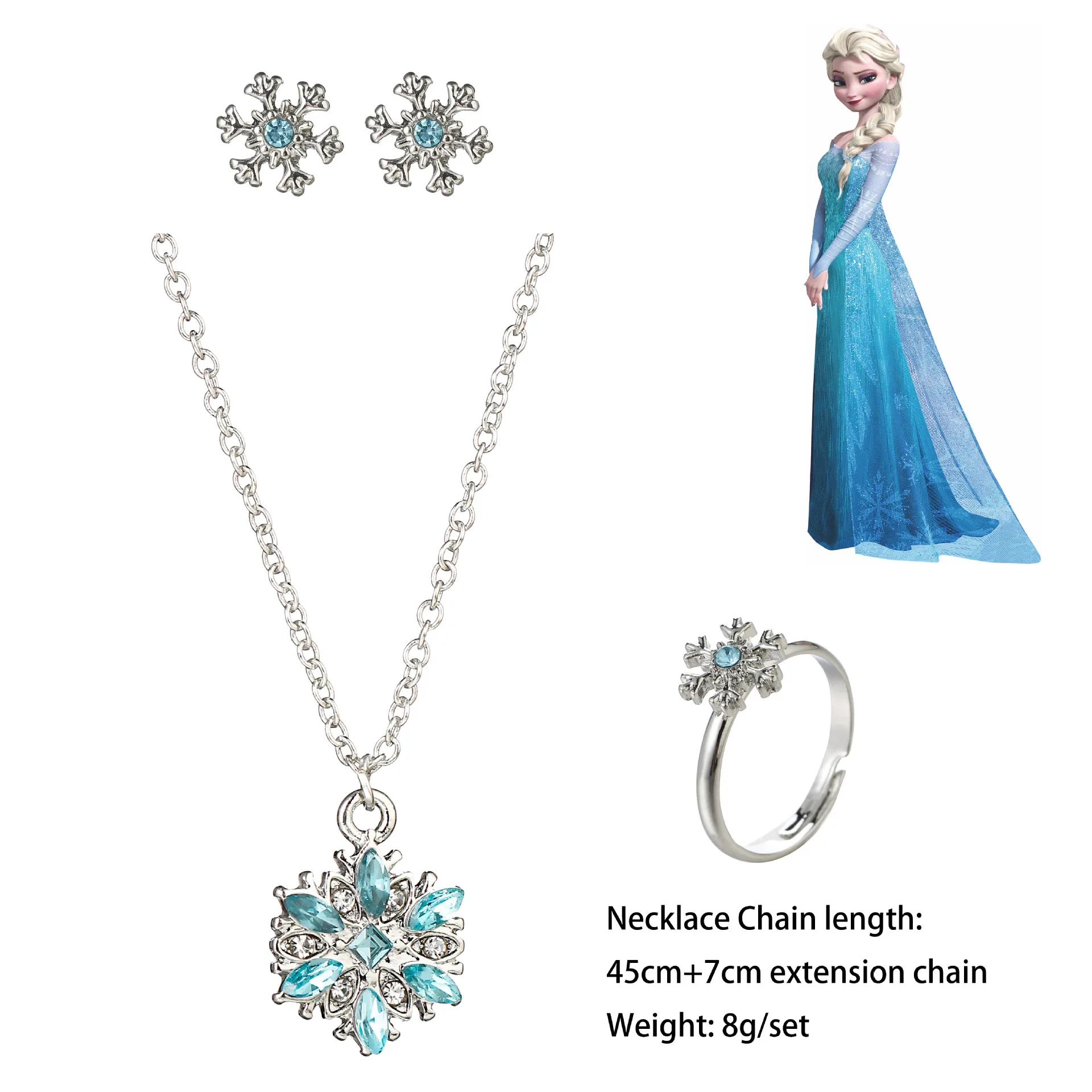4pcs Disney Frozen Necklace Earring Ring Set Anime Cartoon Prince Elsa Anna Snow White Jasmine Cinderella Ring Party Jewelry
