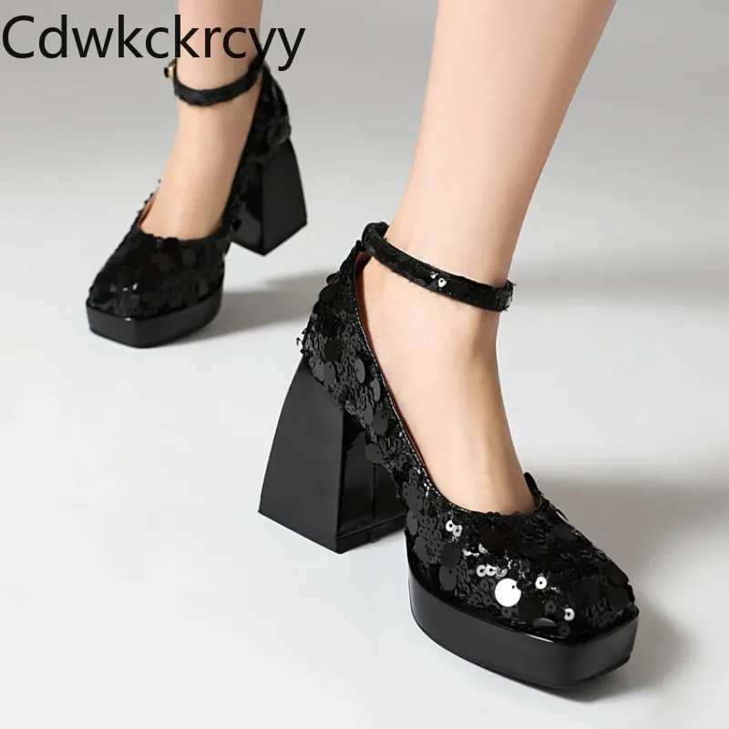 Женские туфли на высоком квадратном каблуке с блестками размеры 32-40