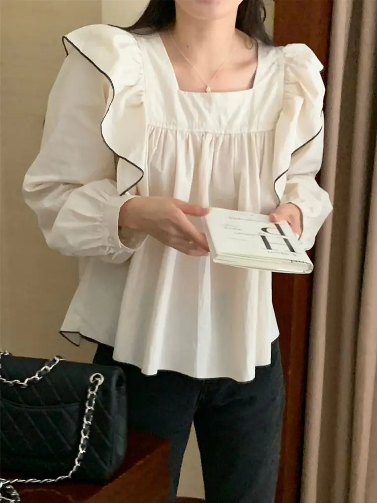 

Alien Kitty Chic Apricot Ruffles Blouses Women Elegant Autumn Full Sleeve Solid New Loose Office Lady Slim All Match Streetwear