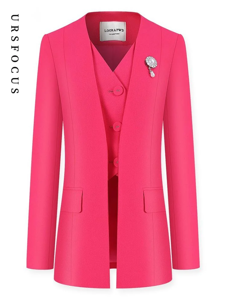 

URSFOCUS Women Blazer Autumn V-Neck Pink Fashion Coat Tops Fake Two Pieces Single Breasted Crystal Pearl Brooch Suit Jacket EHSH