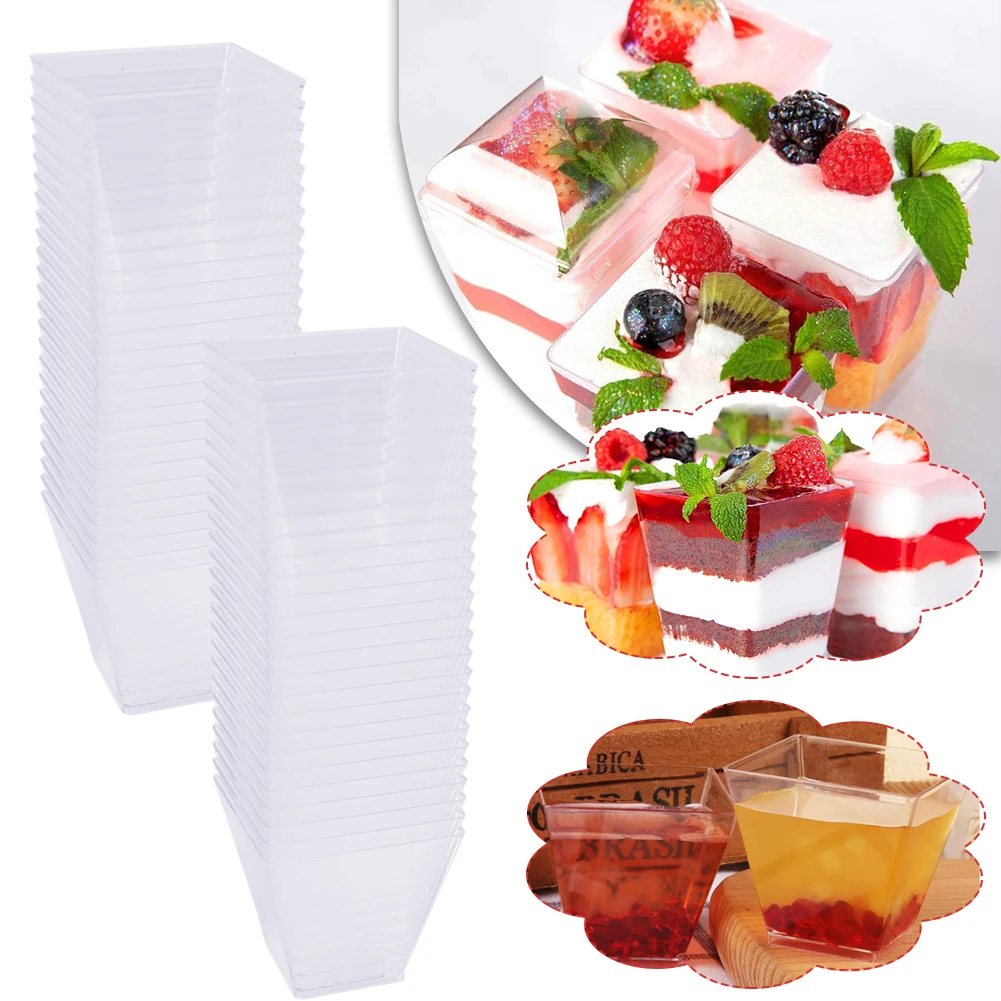 

50pcs 60ml Disposable Plastic Cups Clear Portion Transparent Trapezoidal Food Container for Jelly Yogurt Mousses Dessert Baking