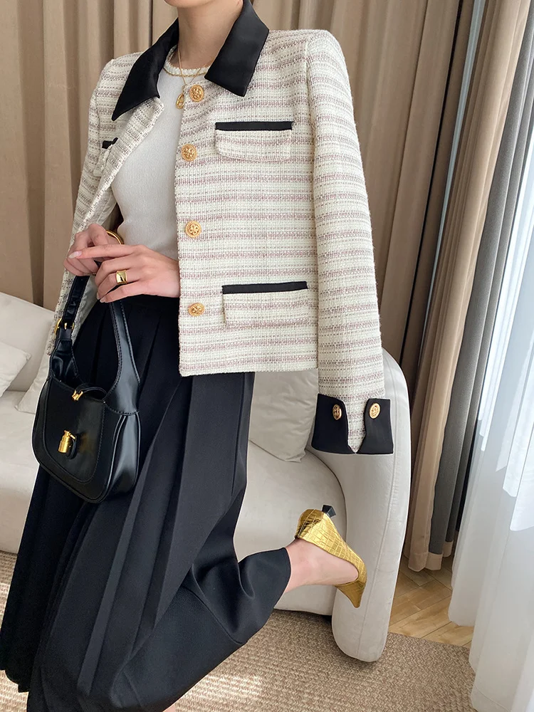 

Beige Color-block Striped Elegant Big Size Jacket New Lapel Long Sleeve Women Coat Fashion Tide Spring Autumn 2023 M426