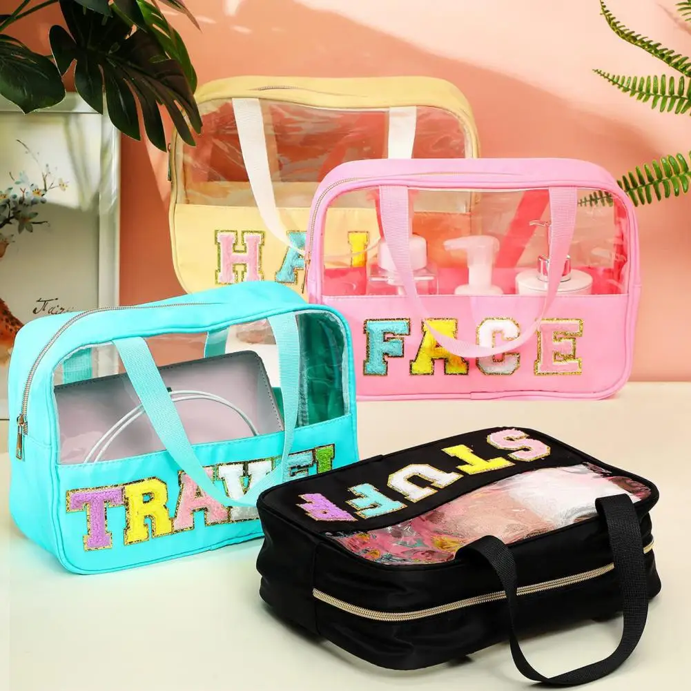 

Cosmetic Bag Clear Visible Fashion Letter Patch Makeup Bag Waterproof Zipper Portable Handle Travel Toiletry Makeup Pouch