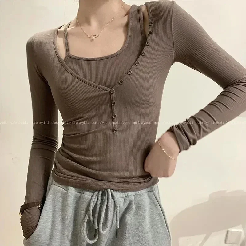 Футболка TSXT с длинным рукавом и квадратным воротником дизайнерская Облегающая