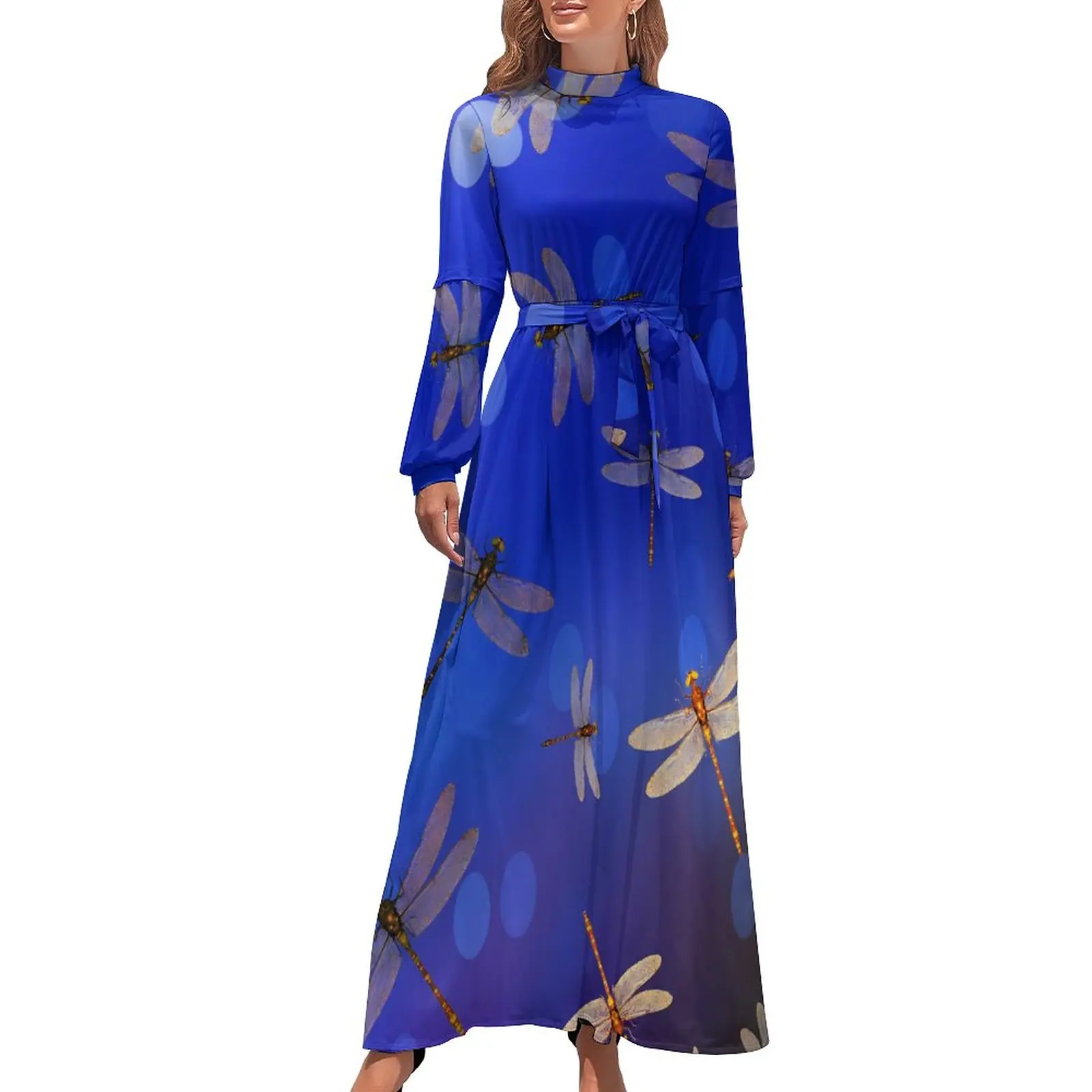 

Blue Dragonfly Dress Long Sleeve Gradient Print Elegant Maxi Dress High Waist Korean Fashion Graphic Bohemia Long Dresses Gift