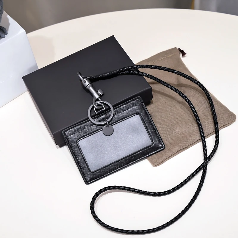 Luxury Sheepskin Card Holder Men's Work Document Bag Genuine Leather Woven Women ID Badge Holder Simple Strap Cardholder Wallet