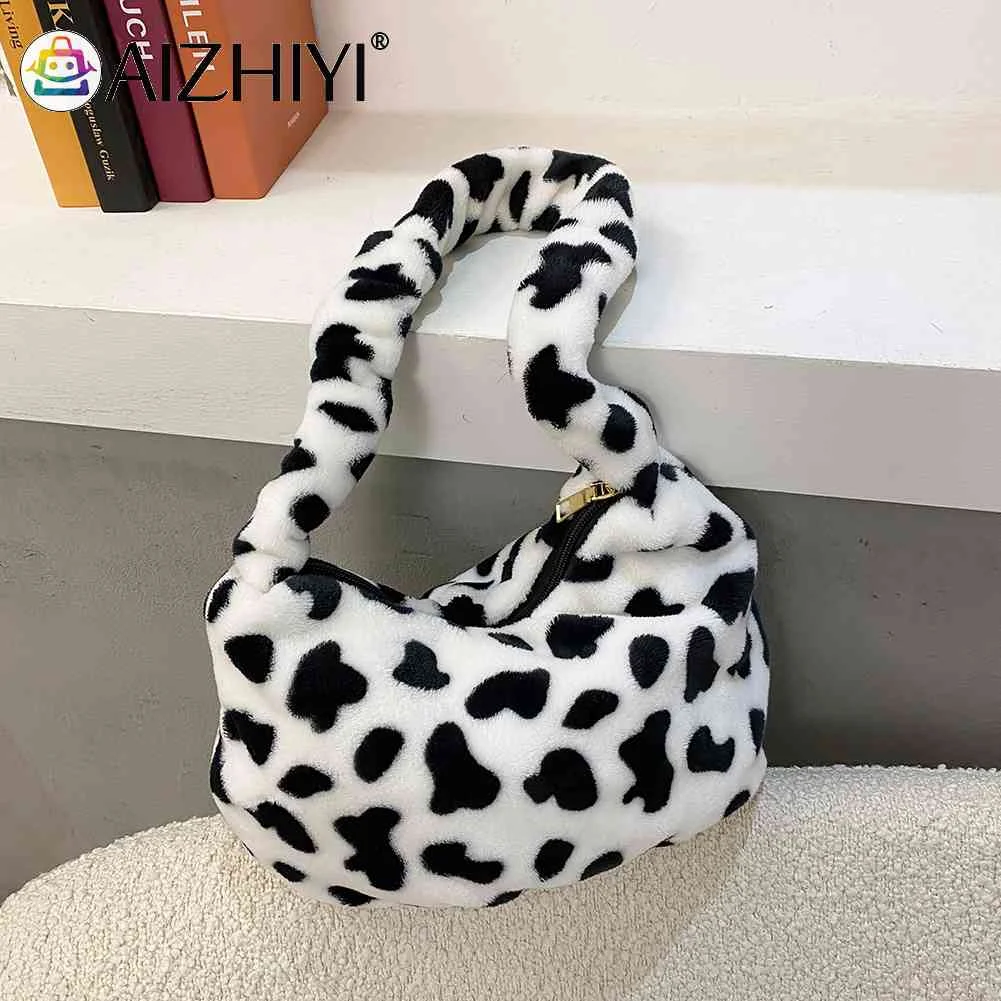 

Winter Plush Shoulder Dumpling Totes Cow Printed Underarm Bag High Quality Comfort Plush for Female Mobile Large Capac Bag