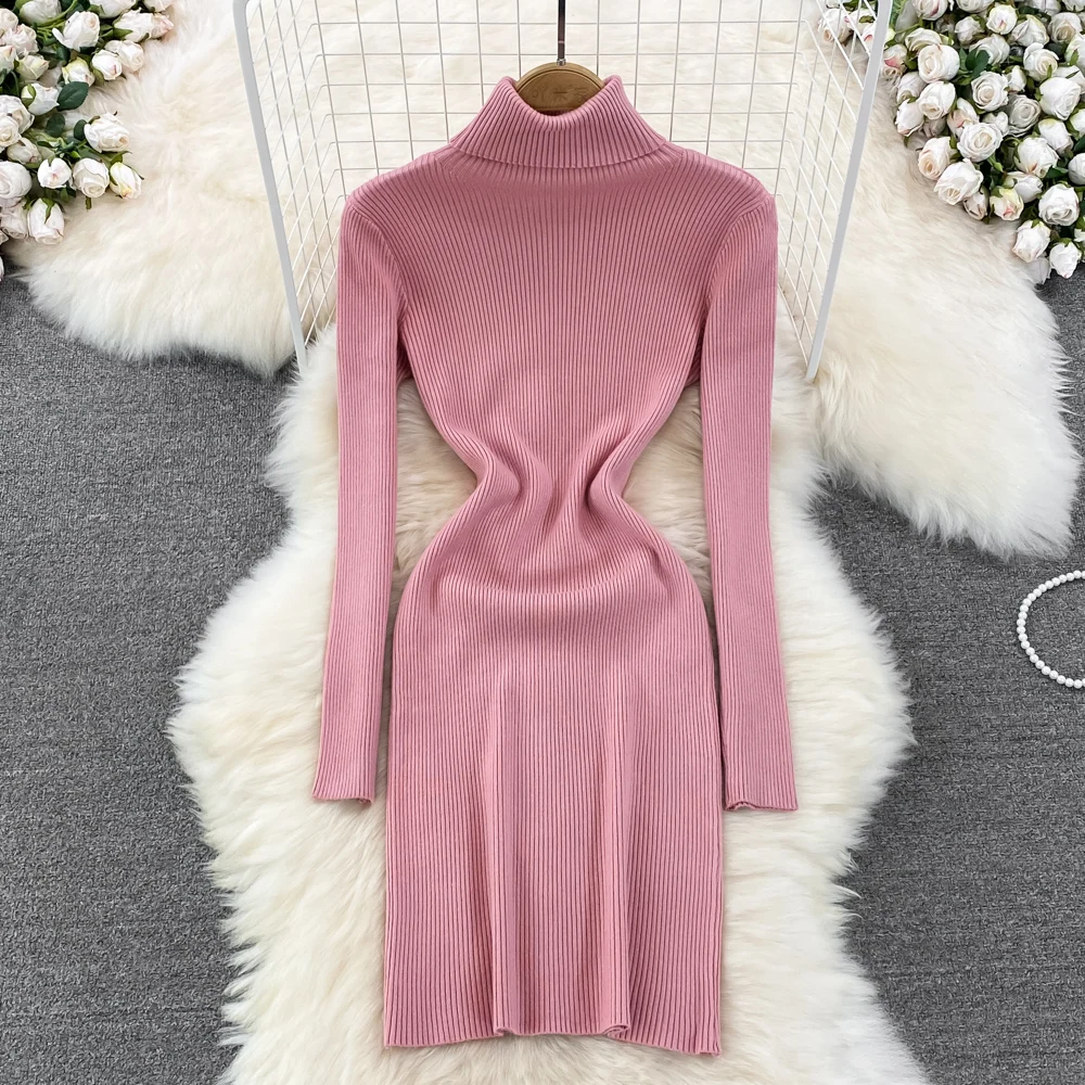

Elegant Turtleneck Long Sleeve Knit Bodycon Pencil Dress Slim Basic Fashion Sweater Vestido Sexy Women Autumn Clothing SR797