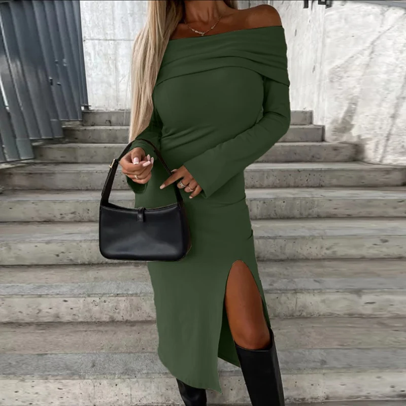 

Women Sexy Strapless Draped Bodycon Dress Fall Long Sleeve Slit Office Long Dress Winter Solid Slim Party Pullover Dress Vestido