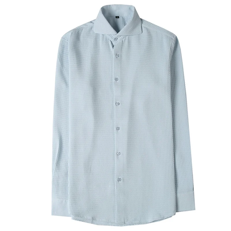 2022 Autumn One Word Collar Shirts Men Long Sleeve Casual Slim Shirt Solid Color Business Dress Shirts Streetwear Tuxedo Blouse