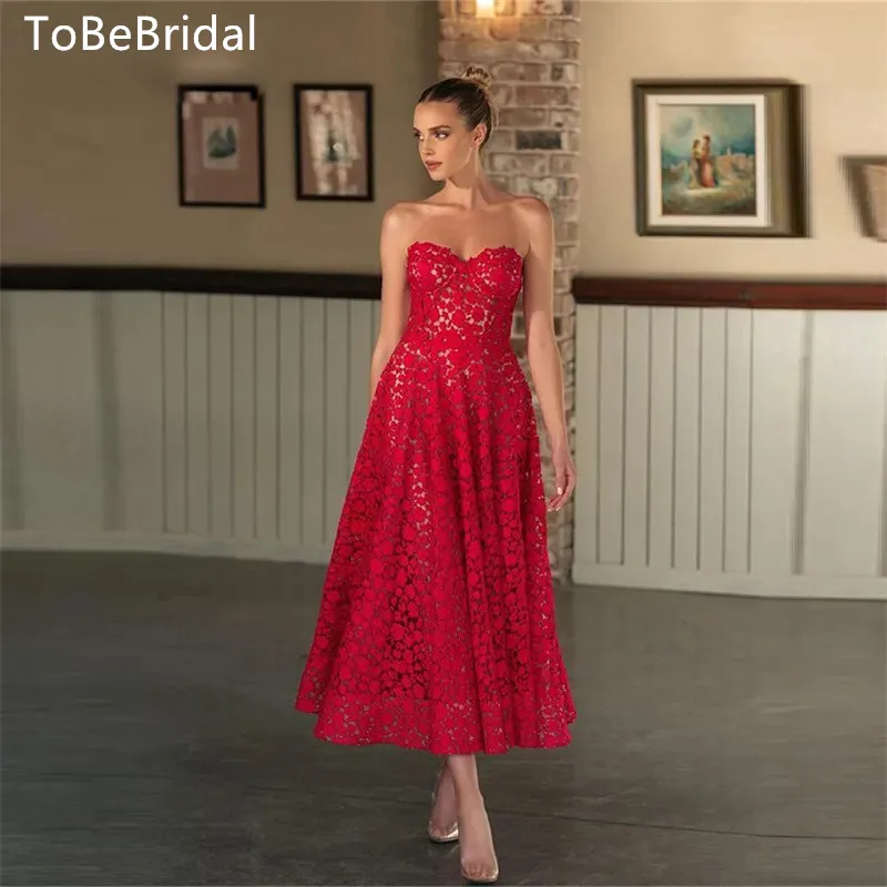 

Elegant Women's Wedding Party Dress 2023 Red Embroidery Lace Sweet Strapless Open Back Tea Long Prom Dress A-line فساتين للحفلات