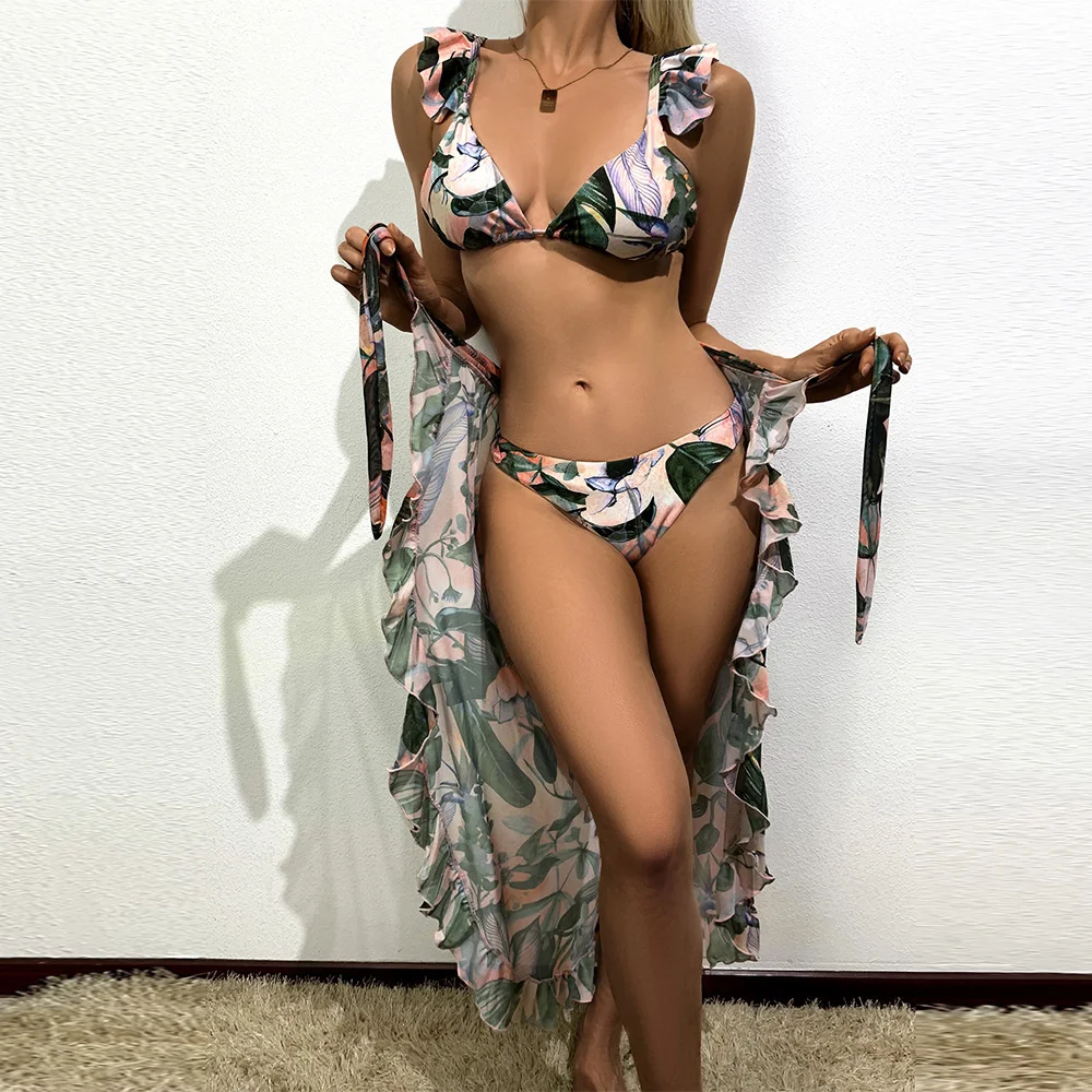 Летний комплект из 3 предметов с цветочным принтом женский купальник оборками