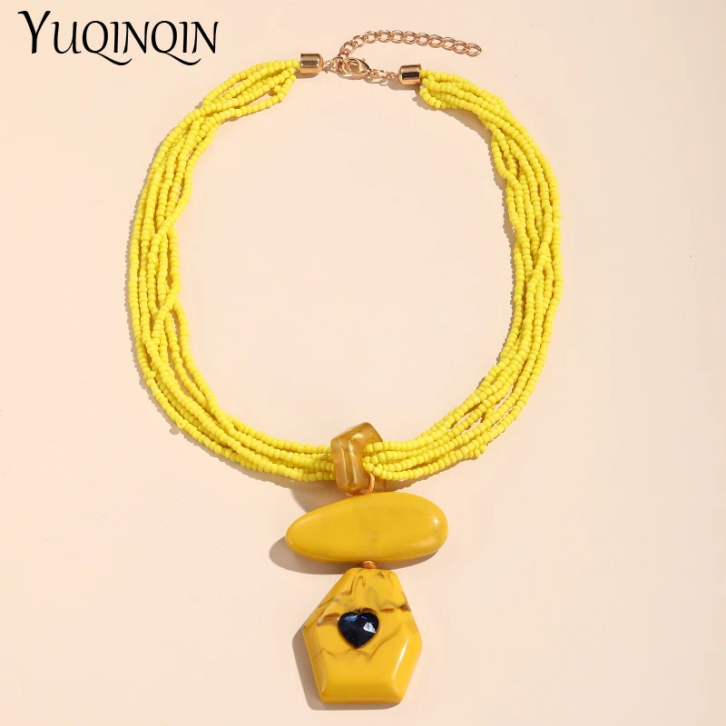

Vintage Long Seed Beads Chain Necklace for Women Statement Heart Crystal Pendant Necklace Colorful Fashion Jewelry Simple Gifts