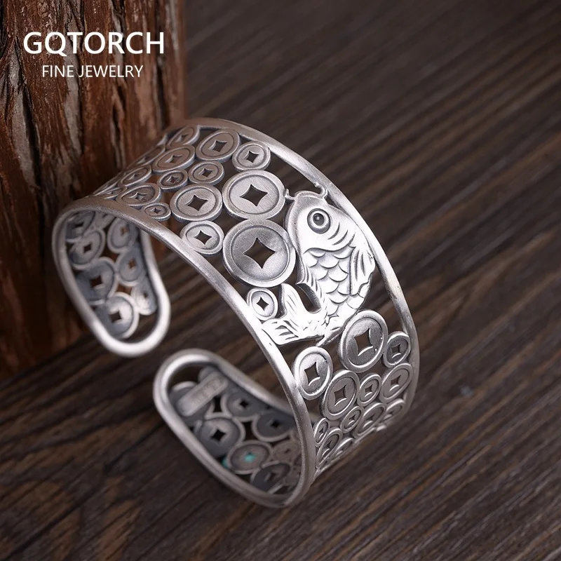 

Real Pure 999 Sterling Silver Bangles for Women Matte Hollow Thai Silver Vintage Fashion Carved Coin Carp Koi Fish Bracelet