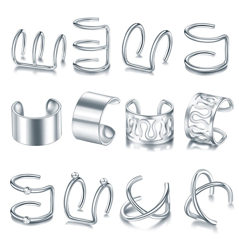 

12 pcs/set Trendy Hip-Hop Ear Clip Earrings Fake Cartilage Earrings for Women Non-Piercing Ear Bone Clip Ear Buckle Set Jewelry