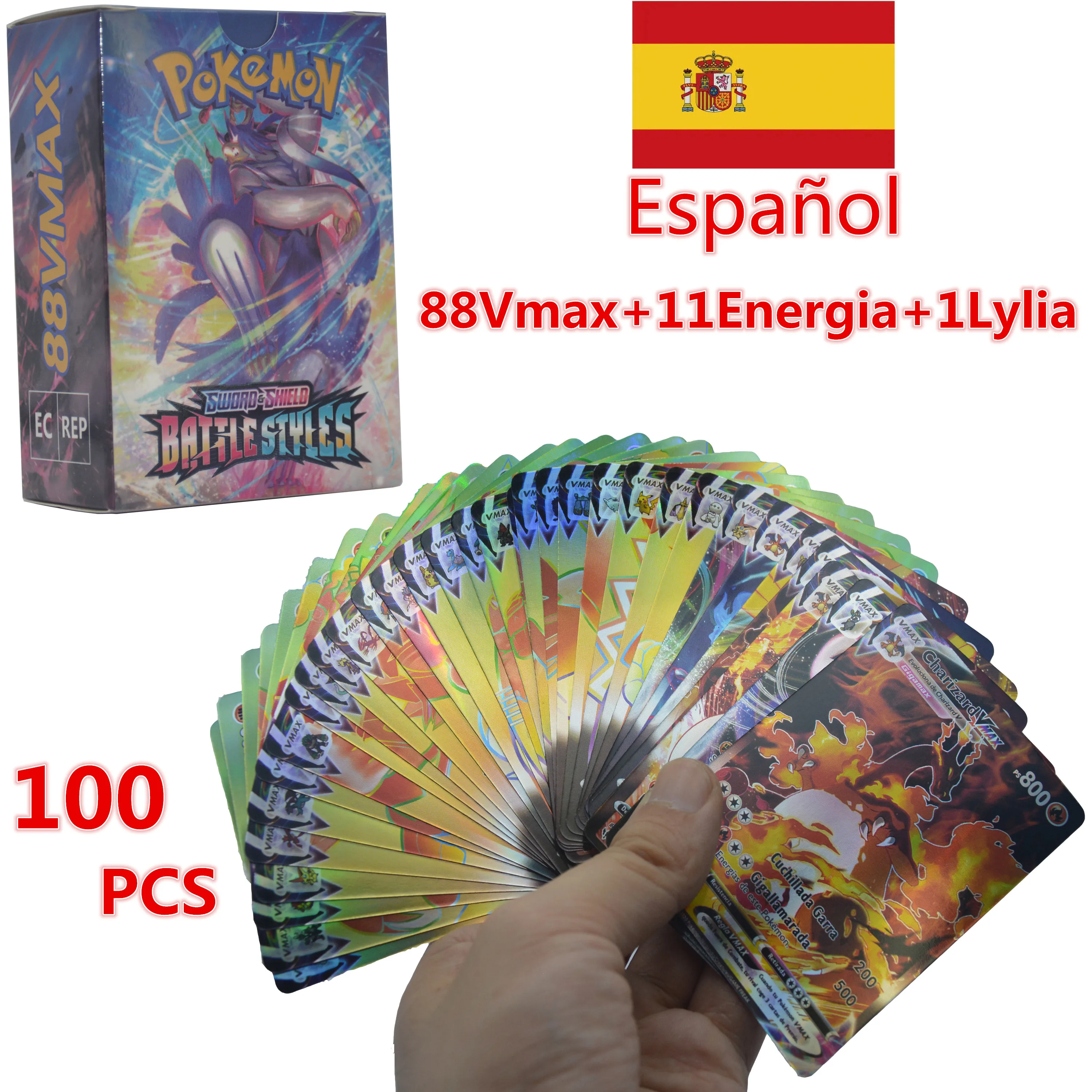 

100Pcs Pokemon Español Cards Shining Game 88Pcs Vmax 11Pcs Energia 1Pcs Lylia Battle Rainbow Cartas Pokémon Trading Children Toy