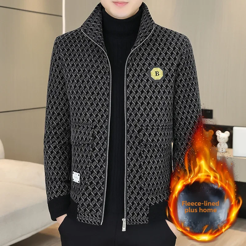 2023 Autumn/winter New Fleece-lined Thickened Warm Stand Collar Jacket Casual Home Clothes Light Business Men's Wear