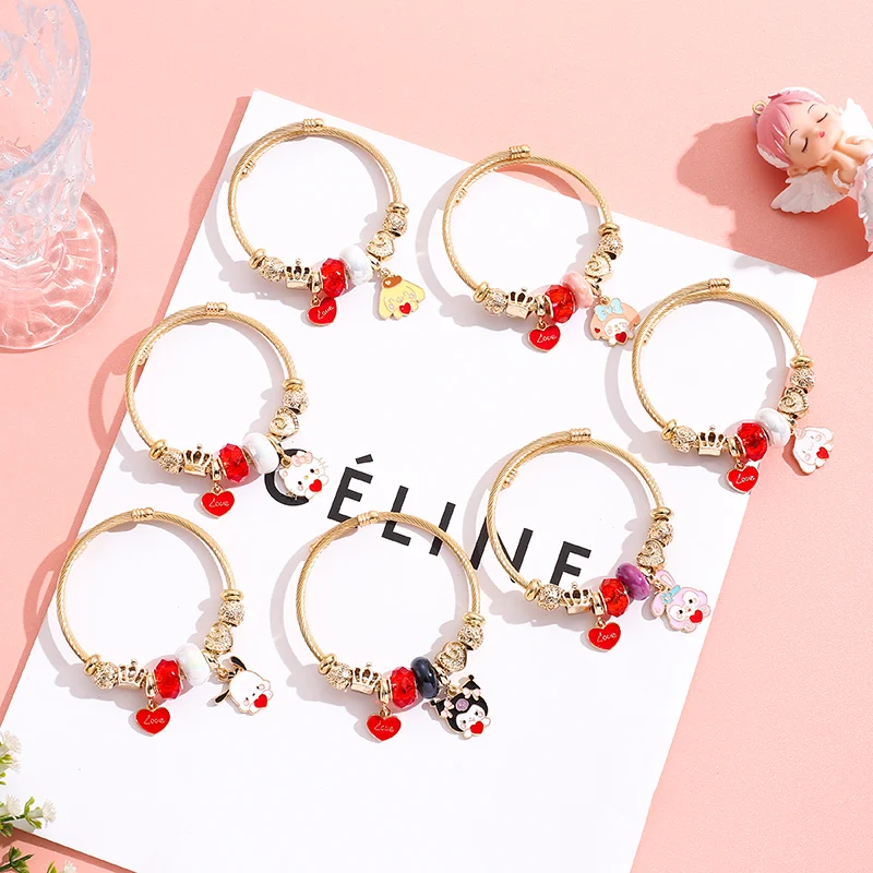 

XiaoboACC Lovely Cartoon Cat Pendant Bracelet for Women Anti-allergic Gold Plated Open Bracelets Girl Stainless Steel Party Gift