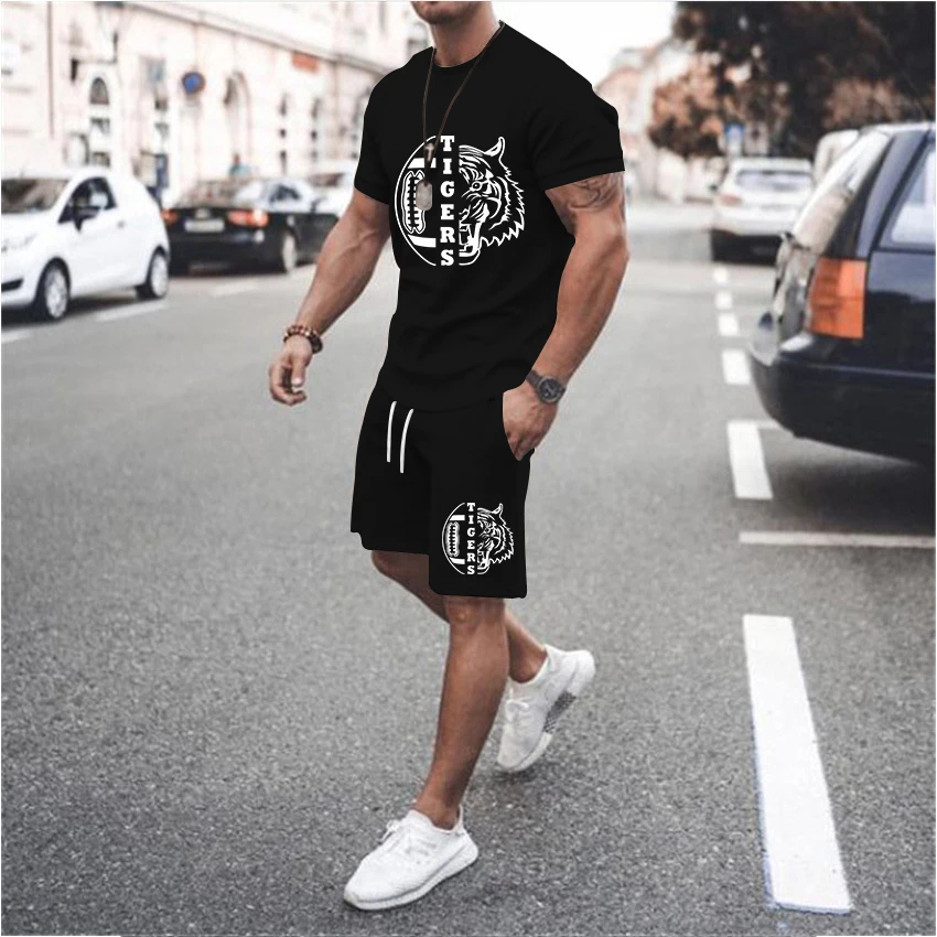 

2023 Summer Tiger Graphic T-shirt+Shorts 2 Pieces Set Fashion Streewears Oversized Tracksuits Leisual Sportwear Mens Cotton Sets
