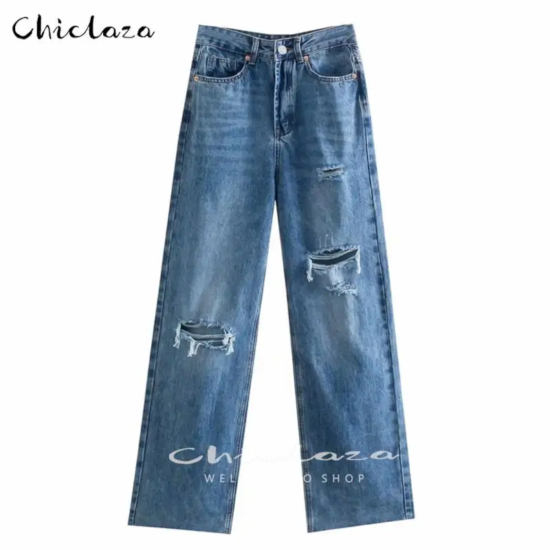 

CHICLAZA Women 2022 Spring Vintage Blue Hole Wide Leg Jeans Pants Ladies Casual Solid Pockets High Waist Denim Trousers Female