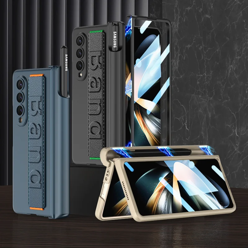 Wristband Cover for Samsung Galaxy Z Fold 4 Case Magnetic Hinge Pen Holder Strap Hard PC Cover With Screen Flim ( NO S Pen )