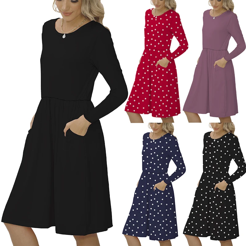 

Spring Autumn New Vestidos Polka Dot Vintage Autumn Dresses Women Dresss Ladies Midi Floral Round Neck Long Sleeve Dress Femal