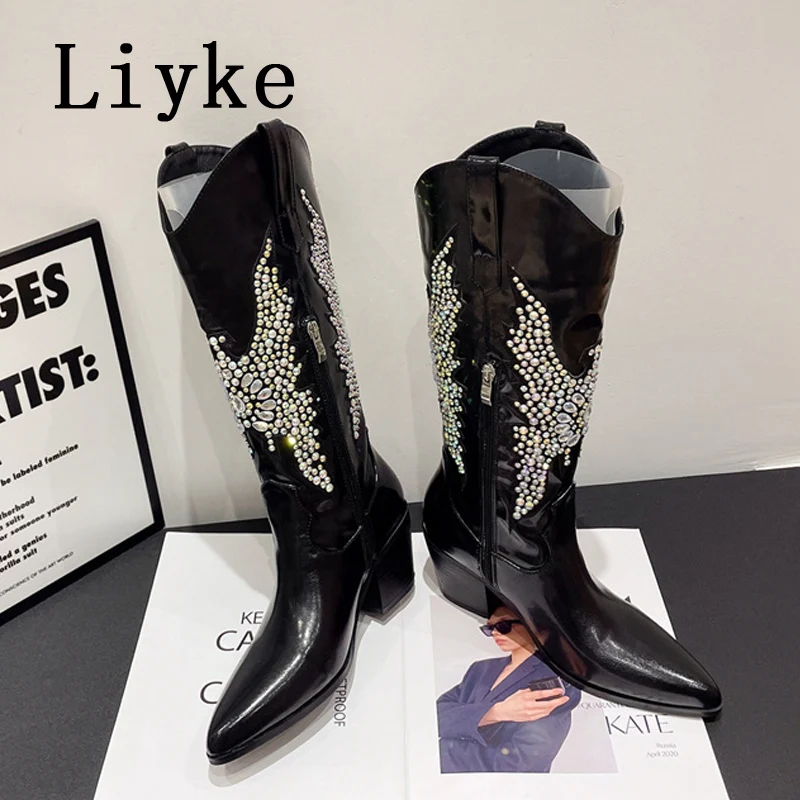 

Liyke Sexy Pointed Toe Zip Knee High Boots Women Crystal Rhinestone Leather Western Cowboy Square Heels Winter Shoes Size 35-42