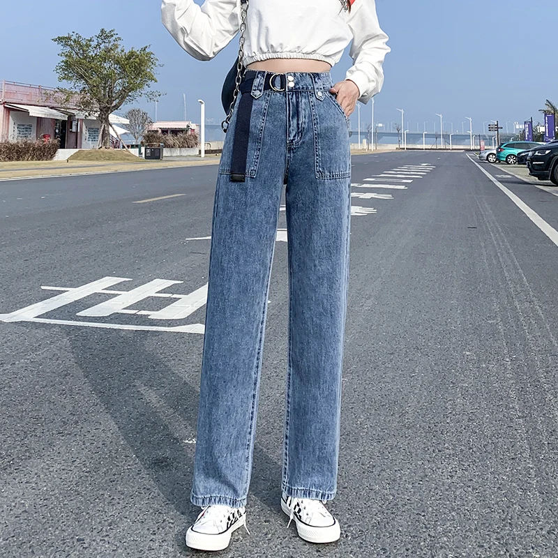 

Denim Joggers Women Adjustable Waist Belted Jeans Famale High Waist Wide Leg Fashion Korean Elastic Denim Pants Brown Trousers