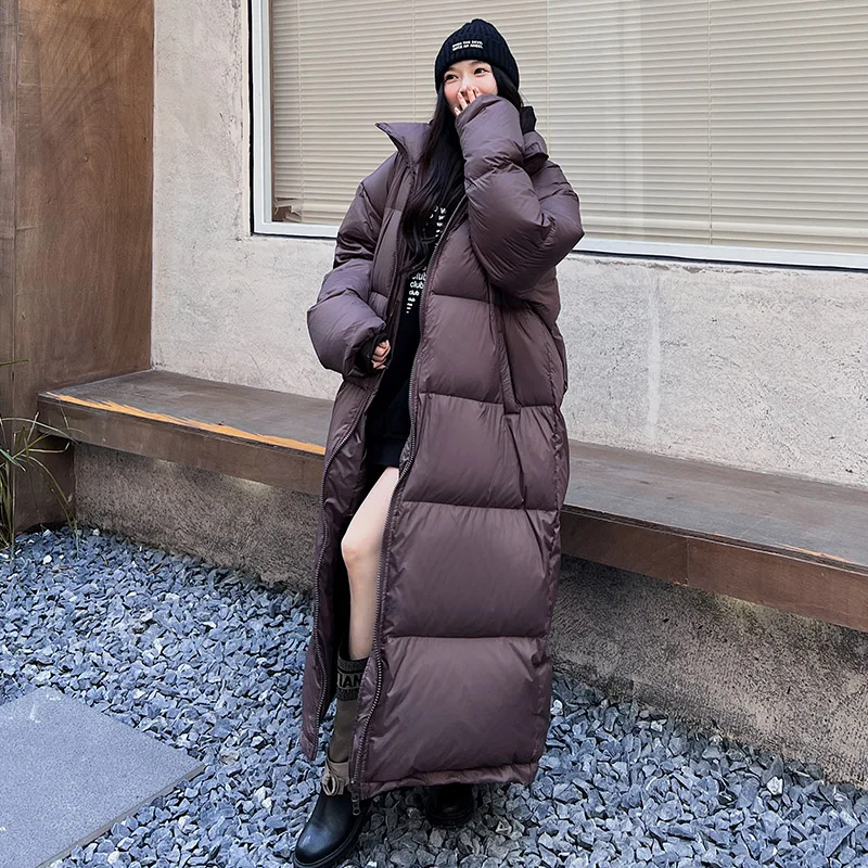 2022 New Long Down Jacket Women Stand Collar Korean Fashion Design Super Long Ankle Length Loose White Duck Down Winter Overcoat