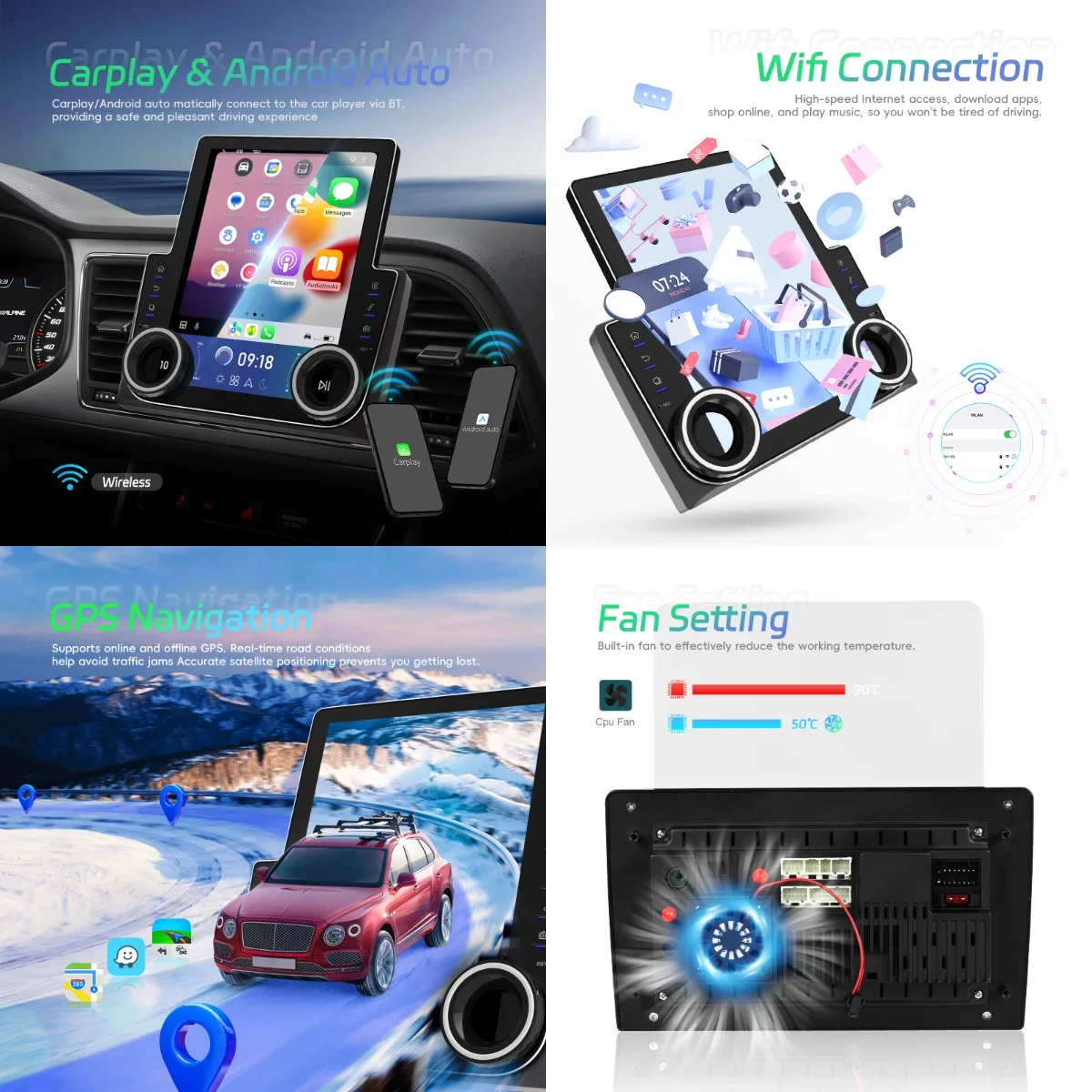 Фото Hikity 9,7 дюйма 10-ядерный 4 + 64G автомобильный радиоприемник с двойной ручкой QLED Wireless Carplay Android Auto GPS Wi-Fi и 4G охлаждающий вентилятор оптом №2