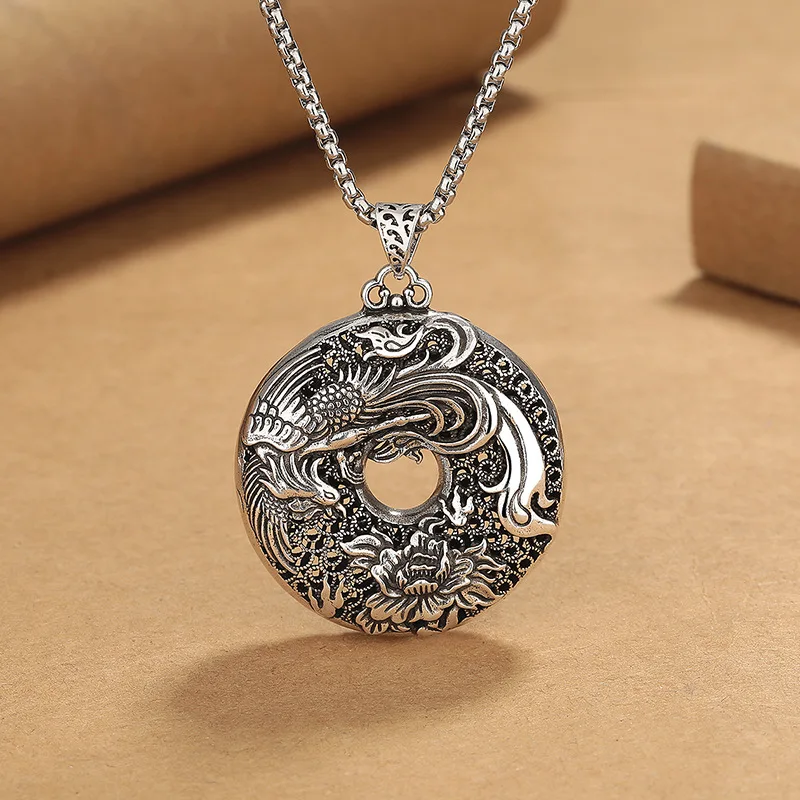 

Retro Ethnic Style Dragon and Phoenix Peace Buckle Necklace Men National Trend Long Hollow Jewelry Pulsera Hombre