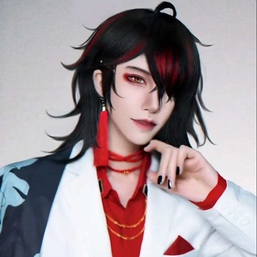 

VTuber Vox Akuma Cosplay Wig Black Mixed Red Heat Resistant Synthetic Short Hair Free Wig Cap