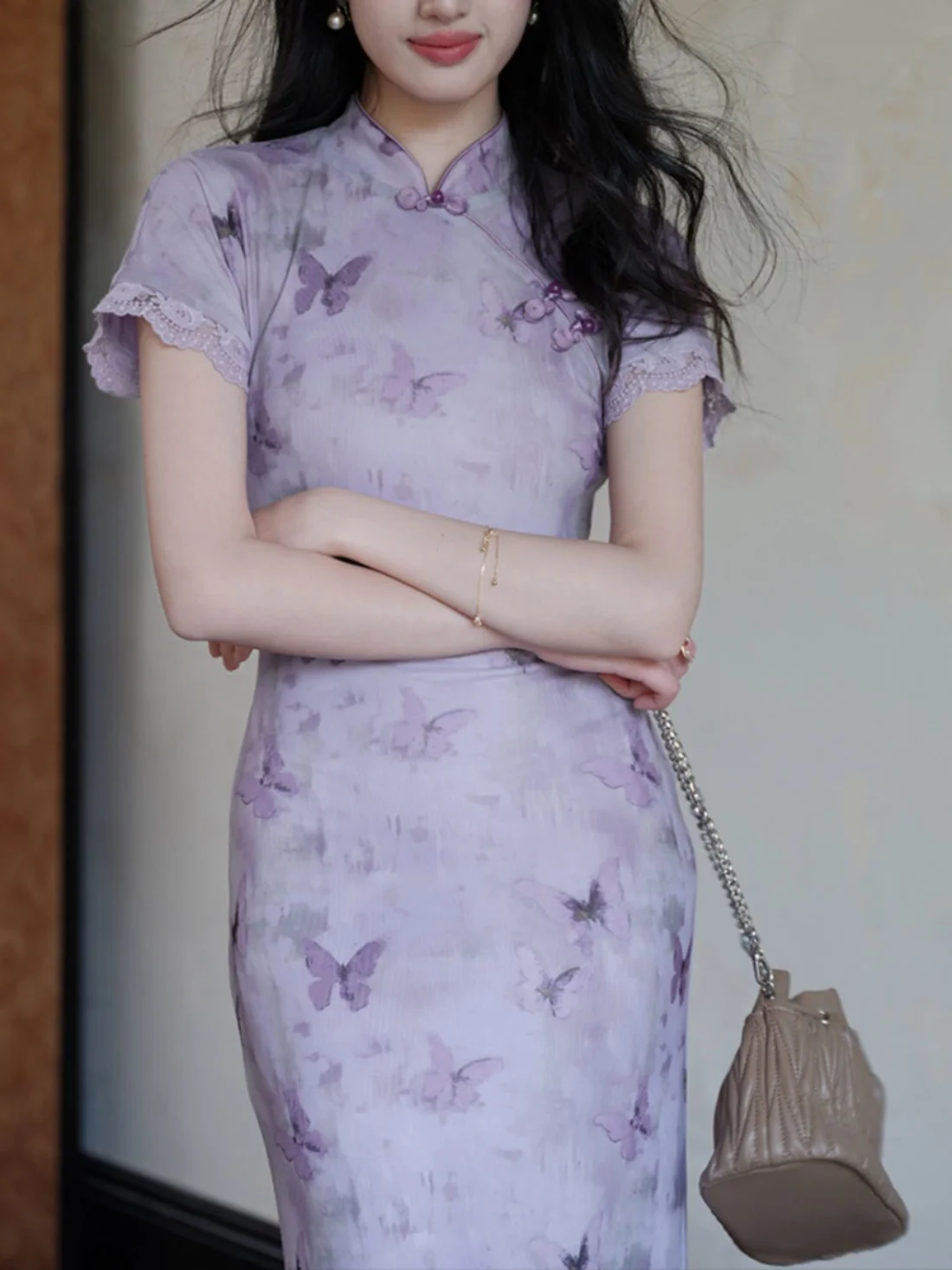 Новое китайское фиолетовое платье Sle женское летнее Элегантное приталенное