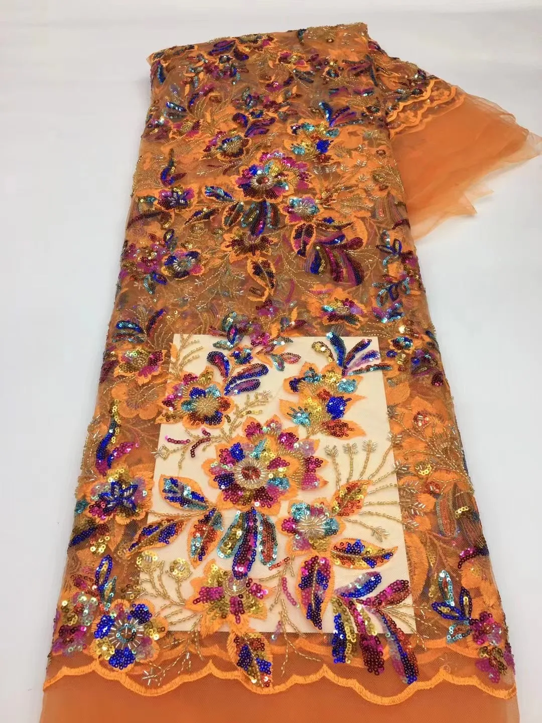 

Оранжевая роскошная кружевная ткань ручной работы с бусинами, африканская французская сетчатая кружевная ткань, тяжелая кружевная ткань с бусинами для свадьбы