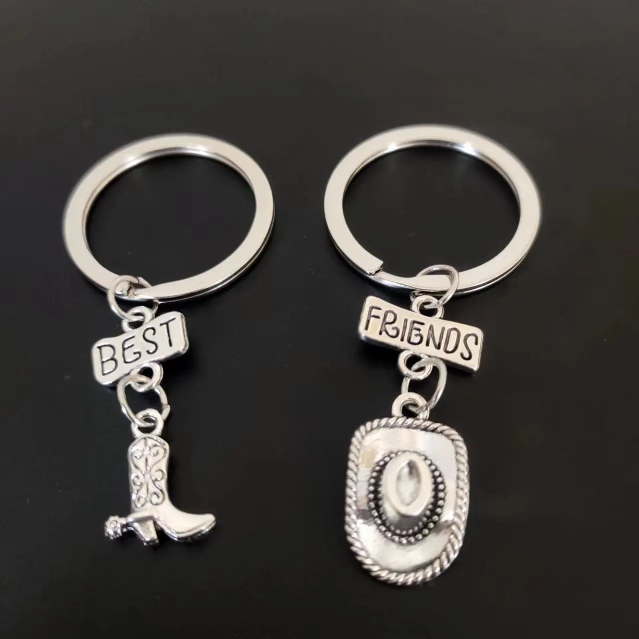 

Best Friends Riding Boots Cowboy Hat Pistol Key Chains, keyring,Silver Color, Women Jewelry Man Accessory Pendant Fashion Gift