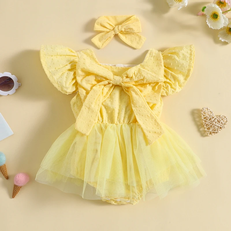 

Baby Girls Romper Set Cute Fly Sleeve Jacquard Tulle Patchwork Bowknot A-line Dress with Headband Children Clothes 2023 New