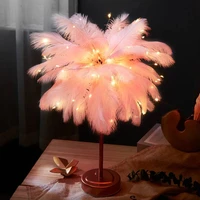 creative feather table lamp remote control usbaa battery power diy warm light tree feather lampshade wedding home bedroom decor