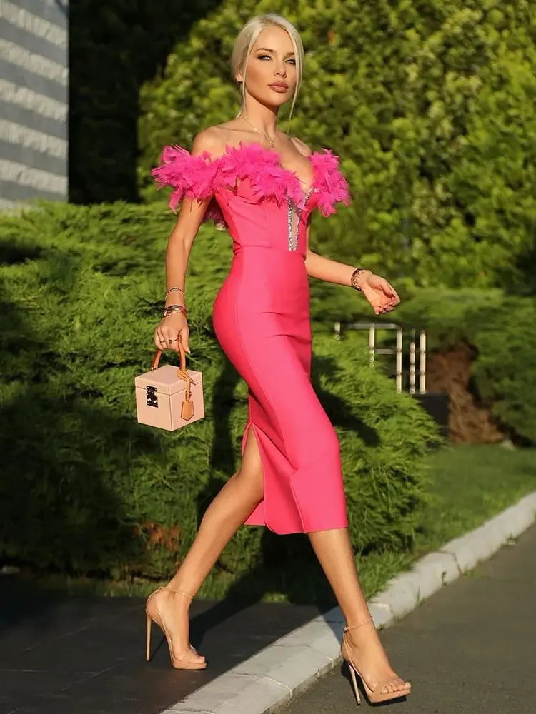 

Сексуальное летнее коктейльное вечернее платье, женское модное облегающее платье до колена с рукавом до локтя и перьями