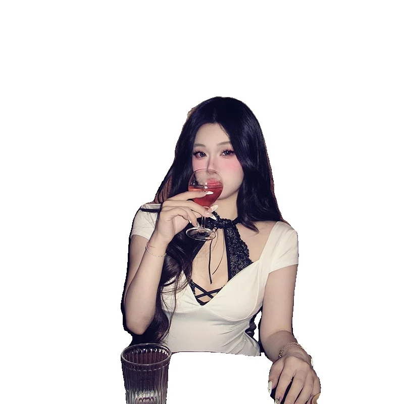 Pure Desire Gyaru White V-neck Sexy Fake Two-Piece Lace Top Women Thin Summer Short Tight T-shirt