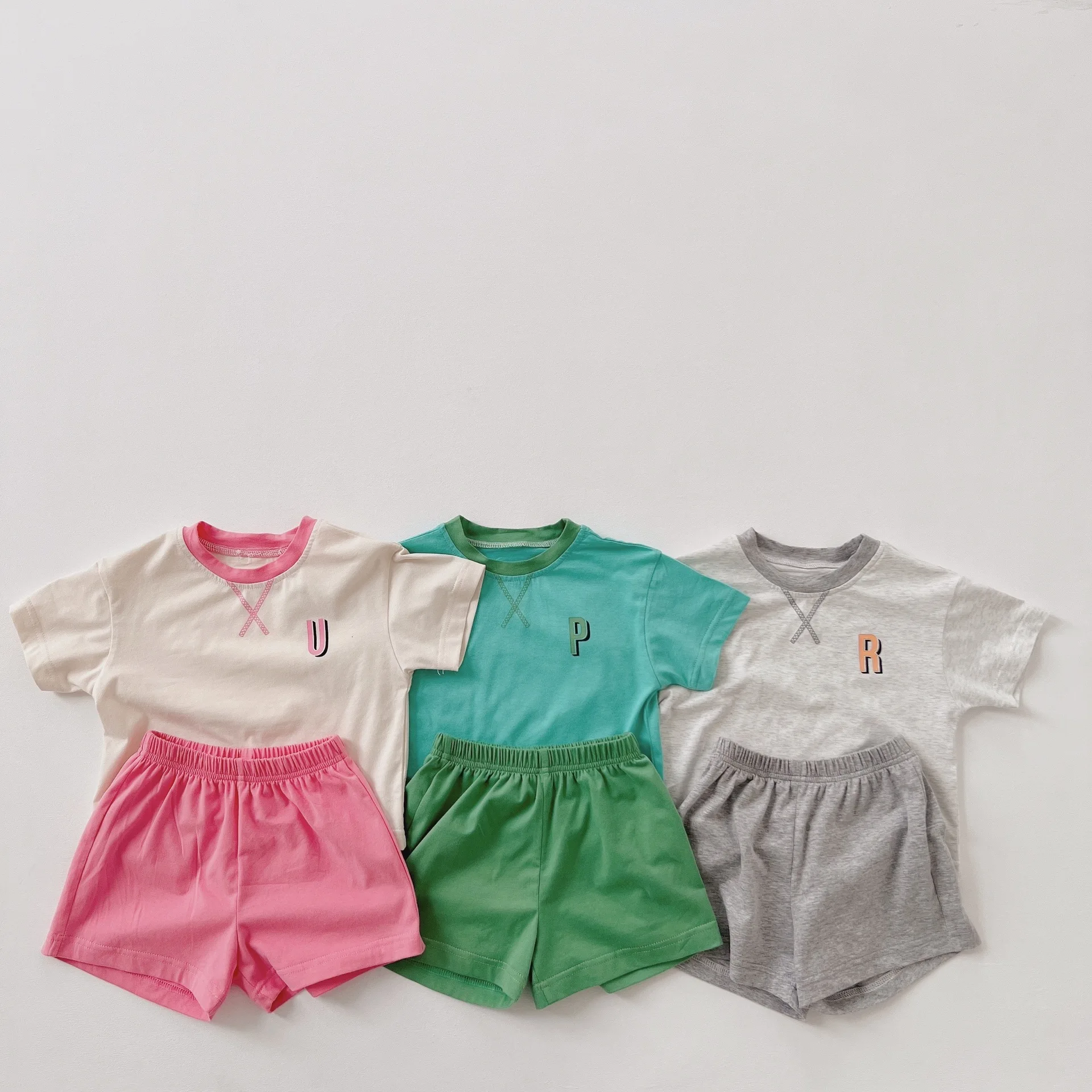 

2022 New Baby Boys Girls Candy Patchwork Color Clothes Set Summer Short Sleeve Tops Cotton Shorts Outfits 2pc Playsuit
