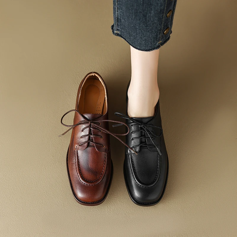 

2023 new Spring women pumps natural leather 22-24.5cm cowhide+pigskin full leather thick heels lace up loafers Retro shoes