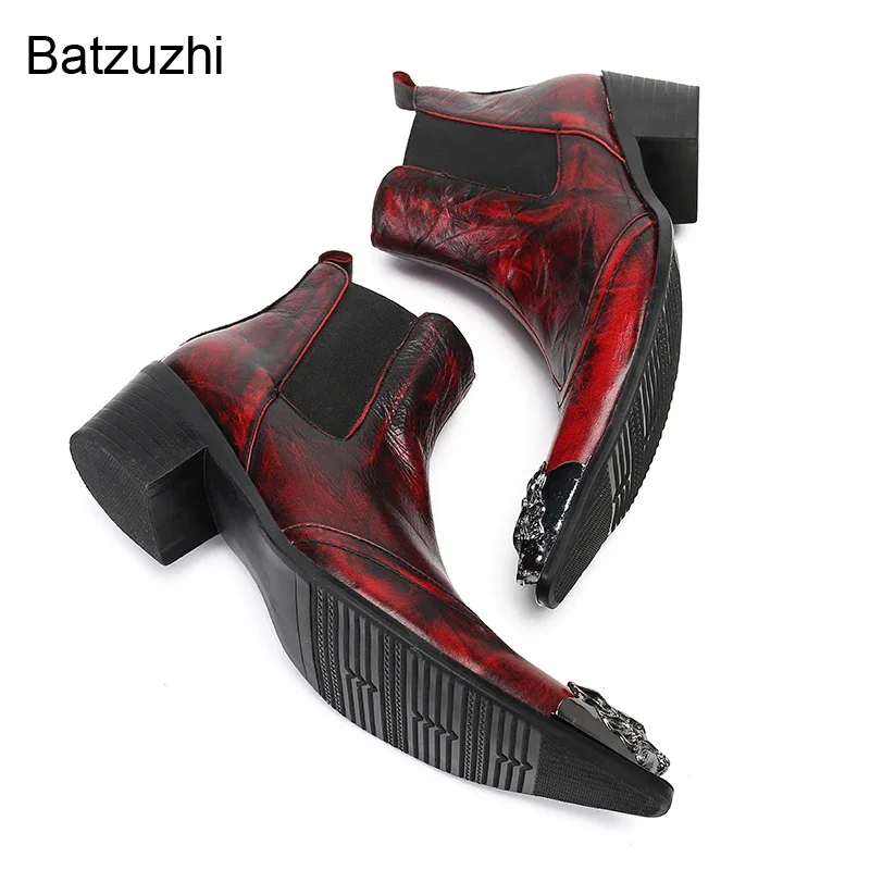 Batzuzhi Модные мужские ботинки на высоком каблуке 6 см винно-красные ботильоны из
