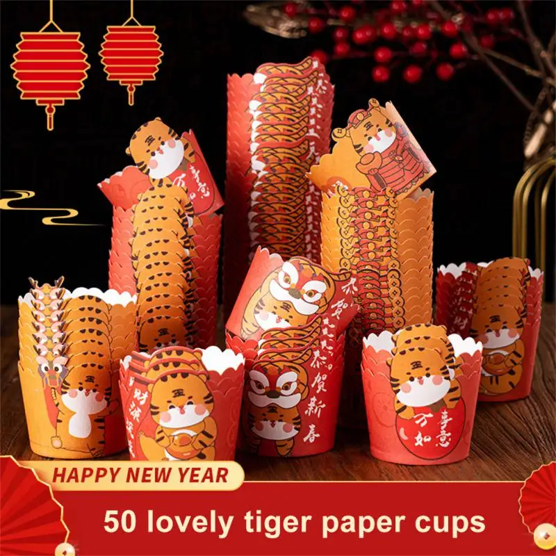 

50pcs Chinese New Year Cake Muffin Cup Year of the Tiger New Year Cake Cup Happy New Year Cute Tiger Paper Cup