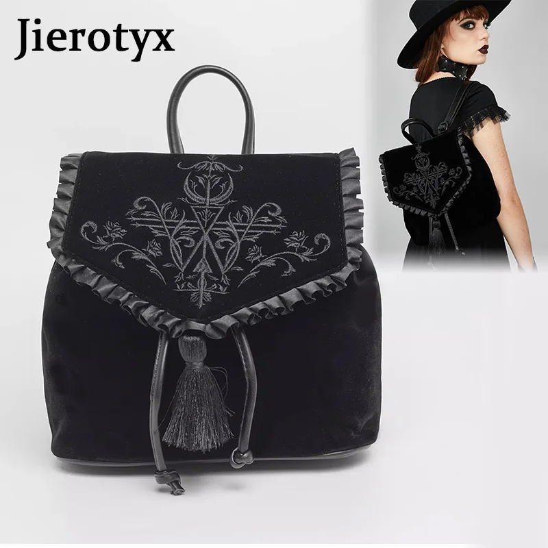 Женский бархатный рюкзак в стиле Харадзюку, черный рюкзак в готическом стиле с волшебной вышивкой, дорожная сумка на плечо, 2023
